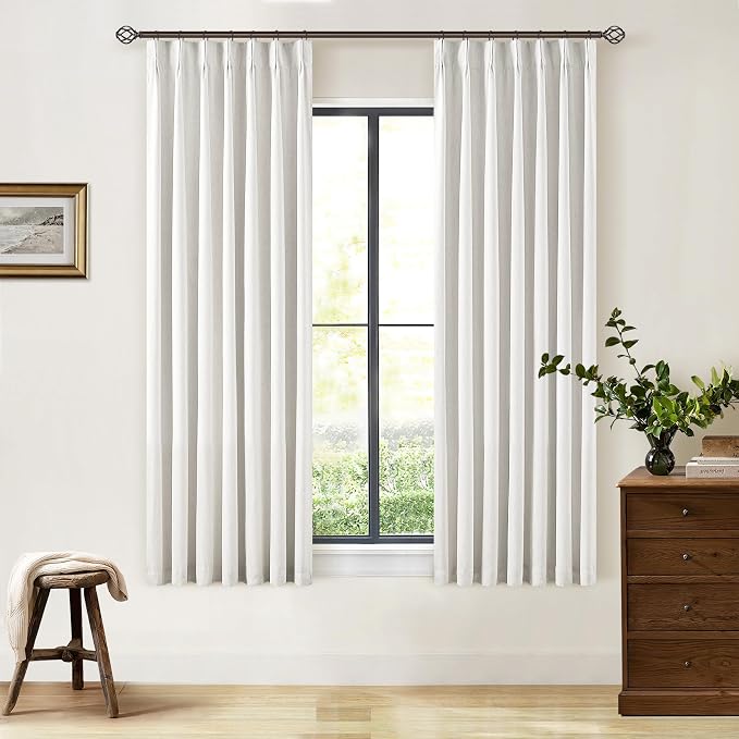 Beige White 63 Inch Length Blackout Pinch Pleated Linen Curtains by Twodrapes