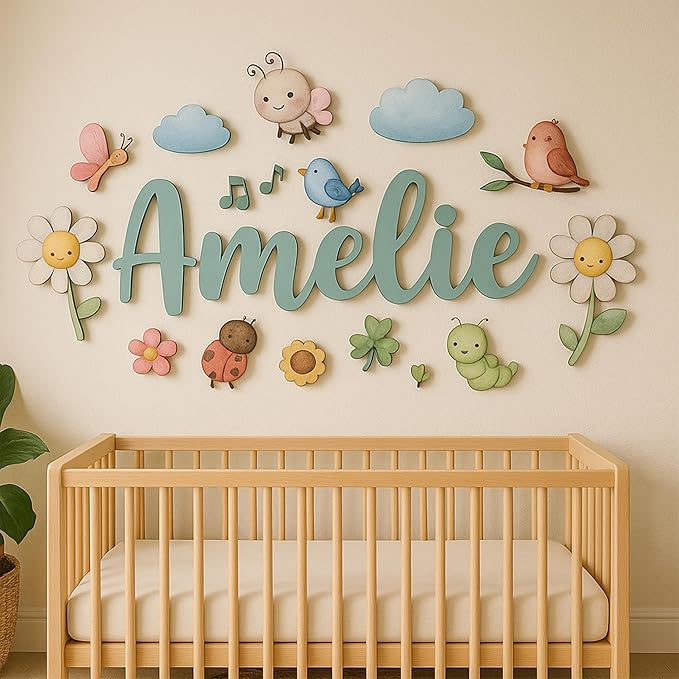Custom Nursery Name Sign with Themed Decor Kit | Personalized Wooden Wall Art for Baby, Kids Room | Space, Jungle, Circus, Under the Sea, Woodland, Rainbow (30", Fairy Garden)