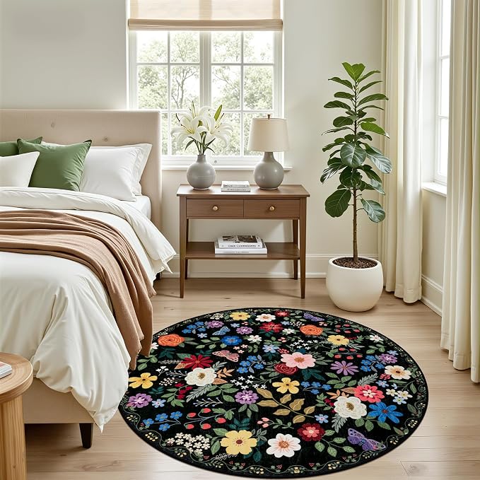 PLHXFR Round Area Rug Living Room: 4 ft Floral Washable Soft Carpet Black | - Image 3