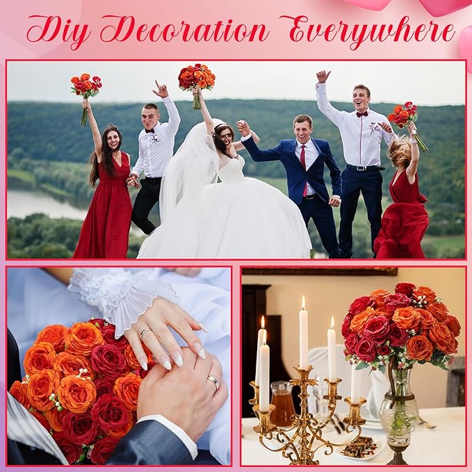Geosar 8 Bundles Artificial Peonies Flowers Fake Silk Peony Bouquet Faux Peonies Flowers Bulk for Decoration Vase Floral Arrangements Wedding Party Table (Orange,Deep Red)