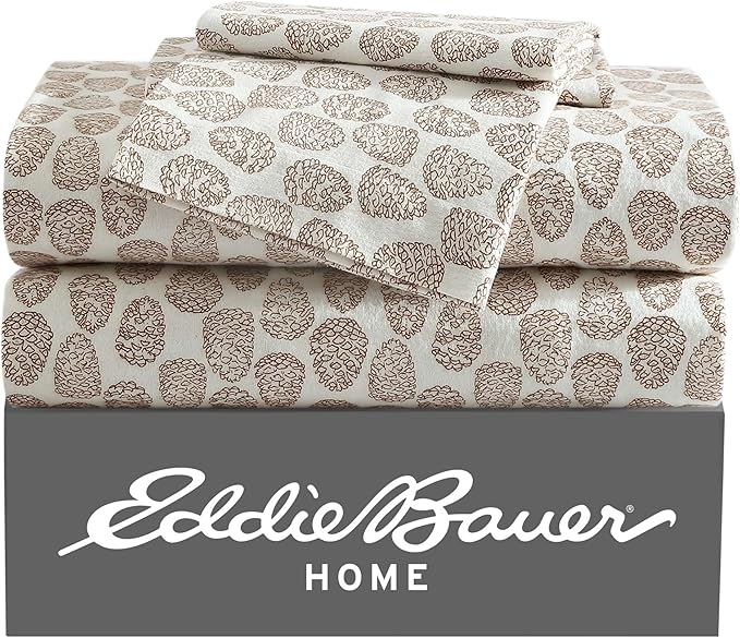 Eddie Bauer - Full Sheets, Cotton Flannel Bedding Set, Brushed For Extra Softness, Cozy Home Decor (Little Creek Pine Cone Beige, Full)