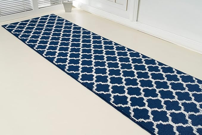 Custom Size Cut to Length Moroccan Trellis Design Runner Rug Mat For Wide Long Hallways with Non-Slip Rubber Backing, Better Traction for Pets, Prevent Slippage, Trellis Navy Blue, 31 inch X 15 feet