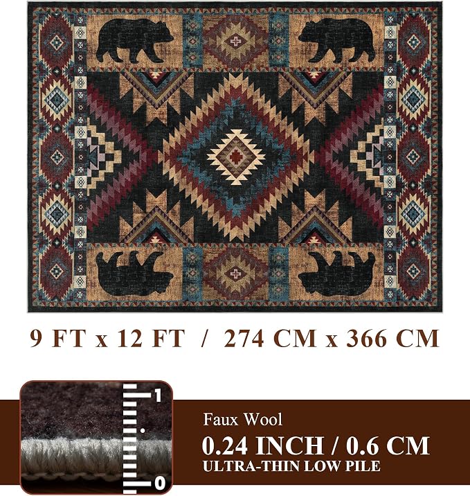 Rustic Cabin Area Rug 9x12, Lodge Wildlife Bear Washable Large Area Rug - Image 2