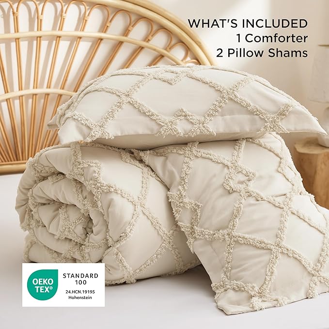 Bedsure Boho Comforter Set King - Beige Tufted King Size Comforter, 3 Pieces Farmhouse Shabby Chic Embroidery Bed Set, Soft Fluffy Geometric Pattern Bedding for All Seasons
