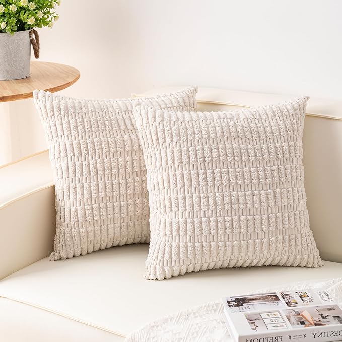 Pack of 2 Corduroy Decorative Throw Pillow Covers 16x16 Inch, Cream White | by Unknown