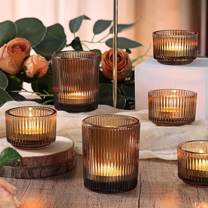 10pcs Ribbed Amber Votive Candle Holders, Assorted Glass Tea Light Candle Holders for Fall Decor, Amber Candle Holders for Wedding Centerpieces, Thankgiving and Christmas Decorations