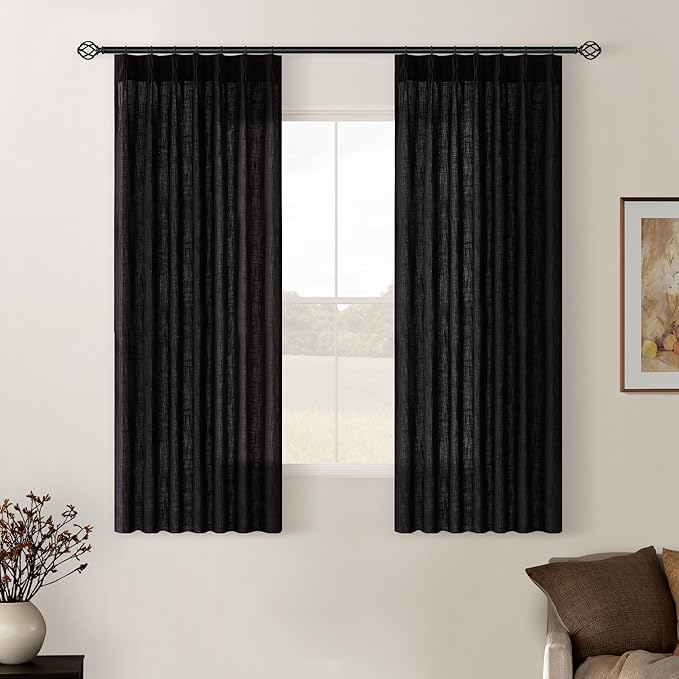 Black Pinch Pleated Linen Semi Sheer Curtains 45 Inch Length 2 Panels Set | by Twodrapes