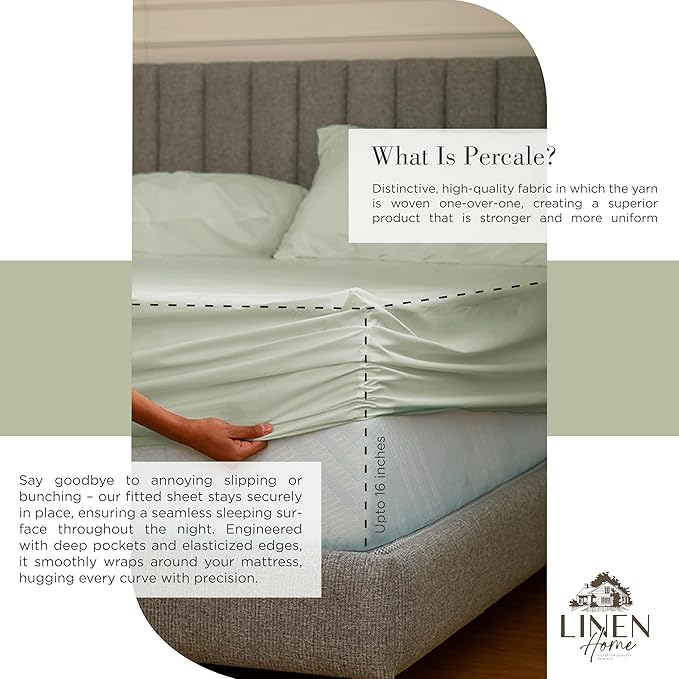 Linen Home 100% Cotton Percale Sheets Queen Size, Sage, Deep Pocket, 4 Pieces Set - 1 Flat, 1 Deep Pocket Fitted Sheet and 2 Pillowcases, Crisp Cool and Strong Bed Linen