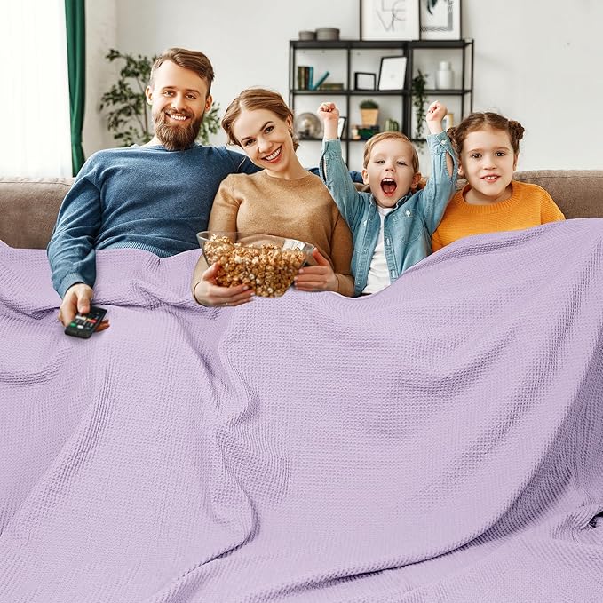 PHF Pre-Washed Cotton Waffle Weave Family Blanket,Oversized King Size 120"x 120"-Snag Proof Lightweight Breathable, 10'x 10' Huge Extra Large Big-Elegant Aesthetic Home Decoration Gift,Taro Purple