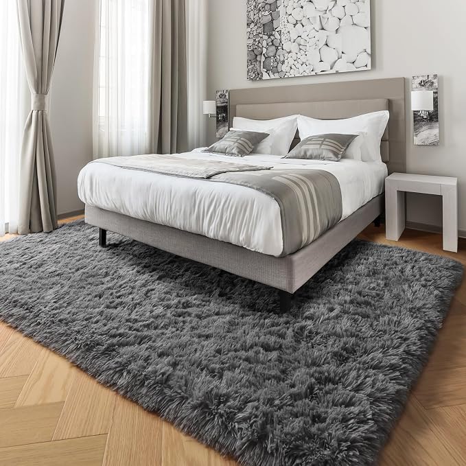 Grey Area Rugs for Living Room, Plush Fluffy Bedroom Rugs for Dorm Room 5x8 | - Image 3