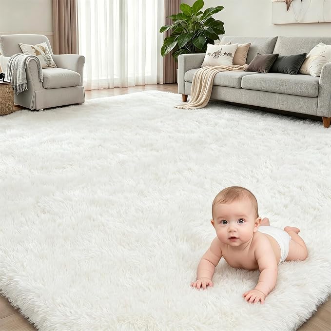 8x10 Area Rug Living Room Bedroom: Fluffy Plush Shag Carpet Ivory | - Image 2