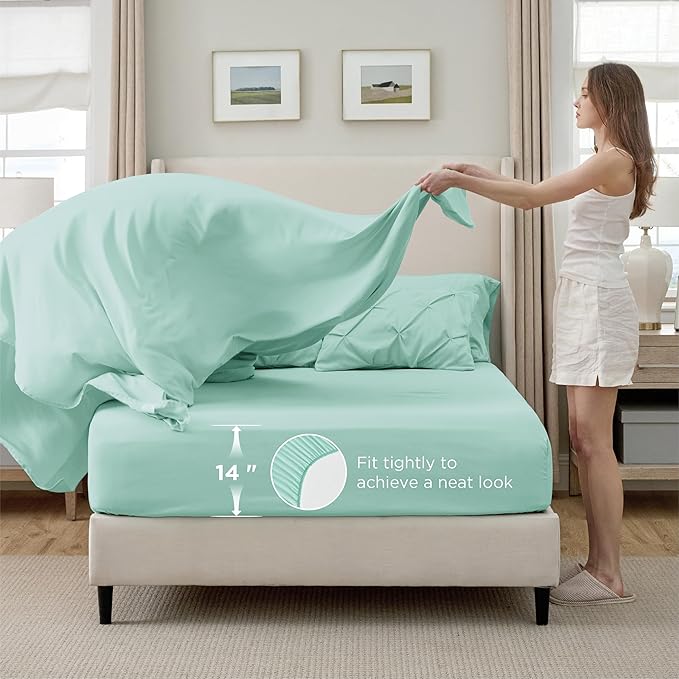 Bedsure California King Comforter Set - Bed in a Bag Cal King Bedding Set 7 PCS, GentleSoft™ Pintuck Bed Set Gift for Family, Pinch Pleat Mint Green Comforter with Sheets, Pillowcases & Shams