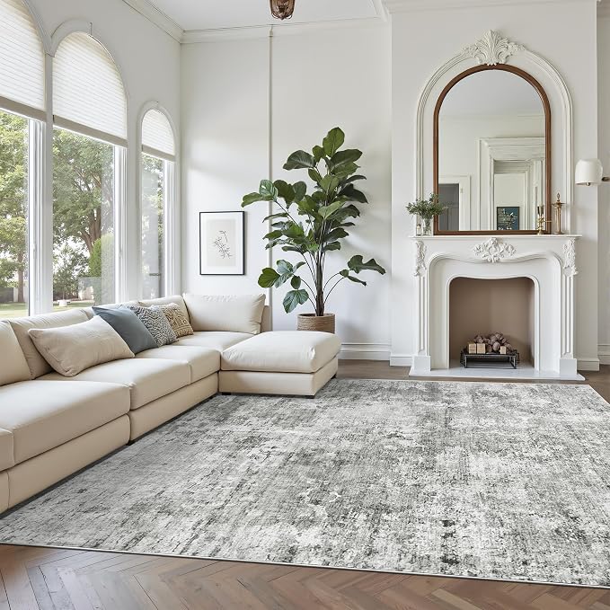 Soalmost Abstract Rug 8x10 Large Living Room Area Rugs Washable Gray/White | - Image 2