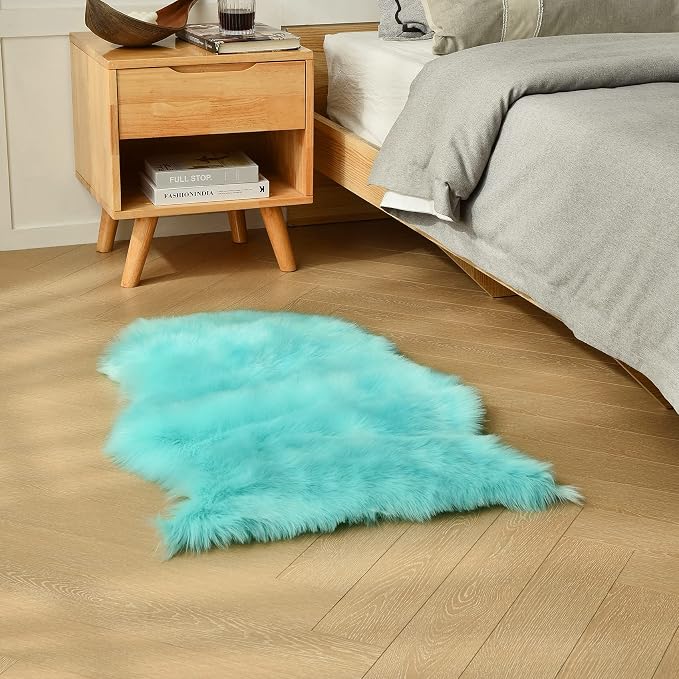duduta Turquoise Blue Sheepskin Rug 2x3 ft, Small Faux Fur Chair Covers | Shag - Image 6