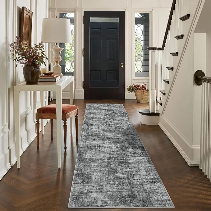 2'6''x8' Runner Rugs Washable Rug: Modern Abstract Hallway Black Carpet | - Image 6