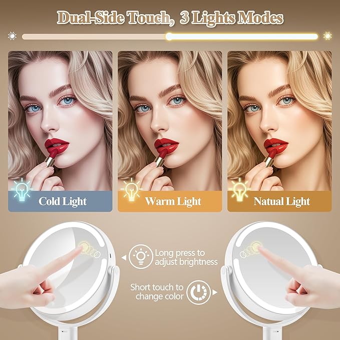 Makeup Mirror with Lights, Double Sided 1x/30x Magnifying Mirror with Light, Rechargeable 3 Color Lights and Adjustable Brightness, 360° Rotation Detachable Comes with Tweezer(White)