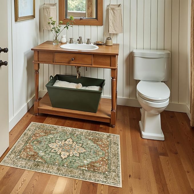 RELEANY Washable Area Rug, Small 2'x3', Brick/Brown/Green | Non-Slip, Water - Image 4