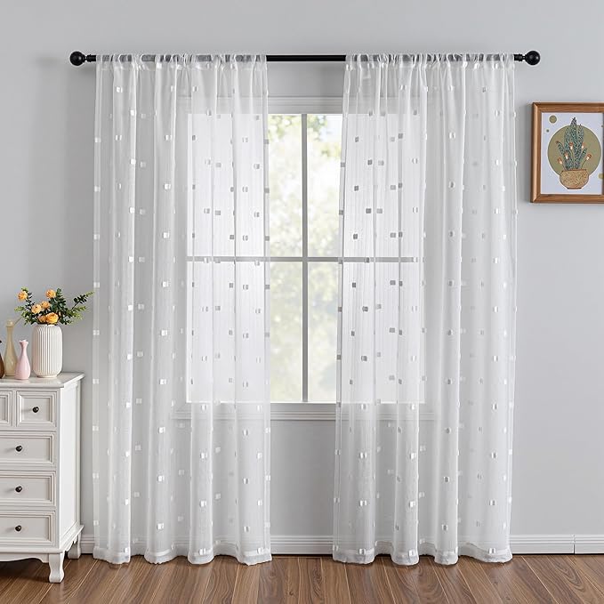 MYSKY HOME White Curtains for Bedroom 84 Inch Length Long Sheer Curtains for Living Room Nursery Curtains with White Patched Design Rod Pocket Privacy Window Drapes Dining Room 52" x 84" 2 Panels