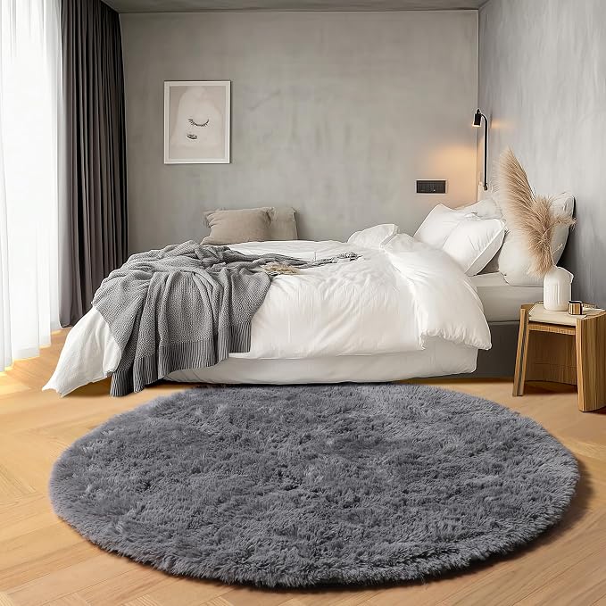 Grey Round Area Rugs 6ft, Fluffy Gray Soft Bedroom Circle Rug - Image 3