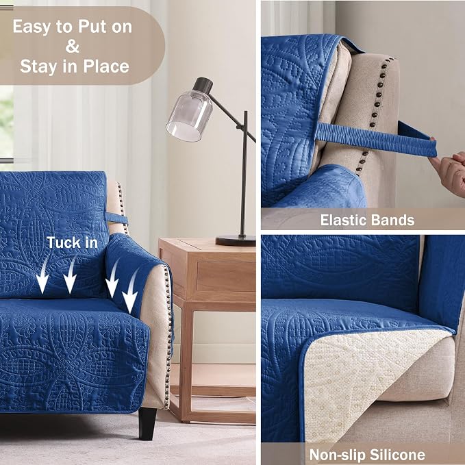 Blue Sofa Covers with Pockets, Anti-Slip Medallion Couch Covers - Image 5