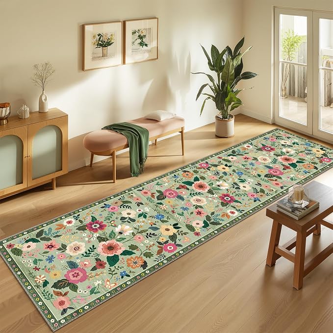 Floral Washable 2x8 Area Rugs Runner Entryway Hallway LightGreen | Flower - Image 6