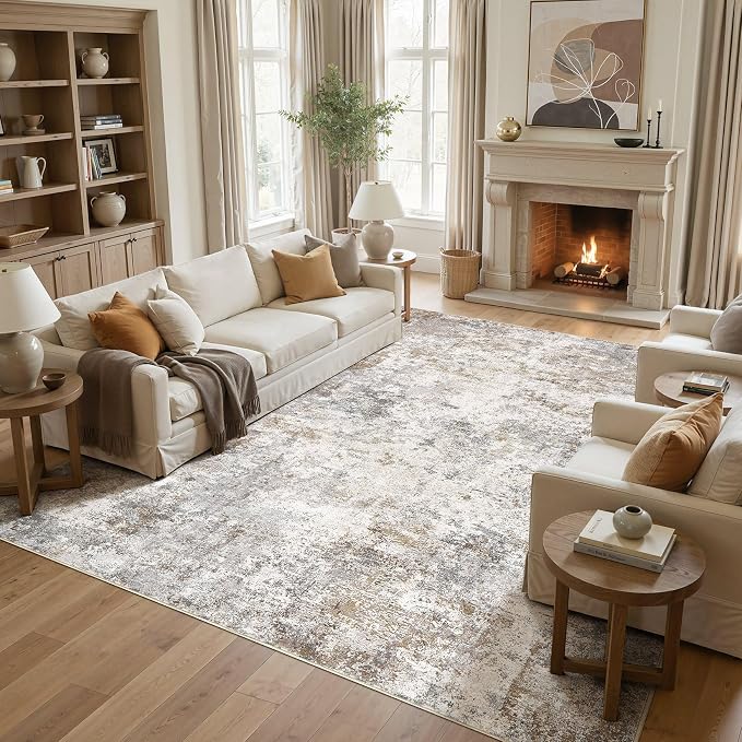 UERMEI 10x11 Area Rug Living Room Rugs Washable Neutral Brown Grey Carpet | - Image 4