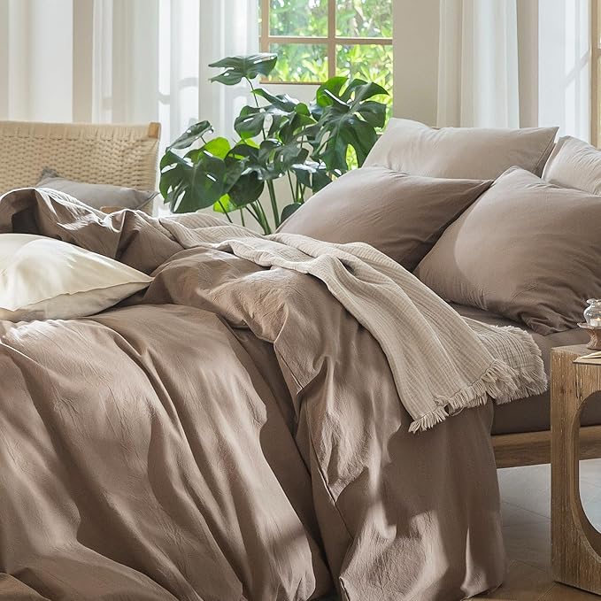 MooMee Bedding Duvet Cover Set 100% Washed Cotton Linen Like Textured Breathable Durable Soft Comfy (Solid Brown, Full 80"x90")