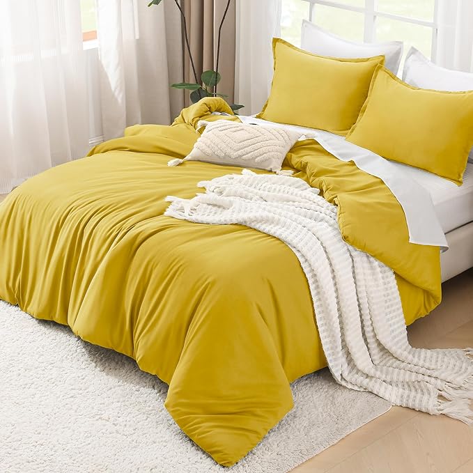 Litanika Mustard Yellow Comforter Set King Size, 3 Pieces Lightweight Solid Bedding Comforter Set, All Season Fluffy Bed Set (104x90In Comforter & 2 Pillowcases)