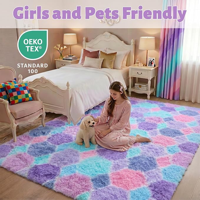 Checkered 6x9 Area Rugs for Living Room, Fluffy Purple Rainbow Girls Rug | Soft - Image 6