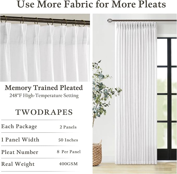 Pinch Pleated White Memory Shaped Semi Sheer Linen Curtains 102 Inches Long | - Image 4