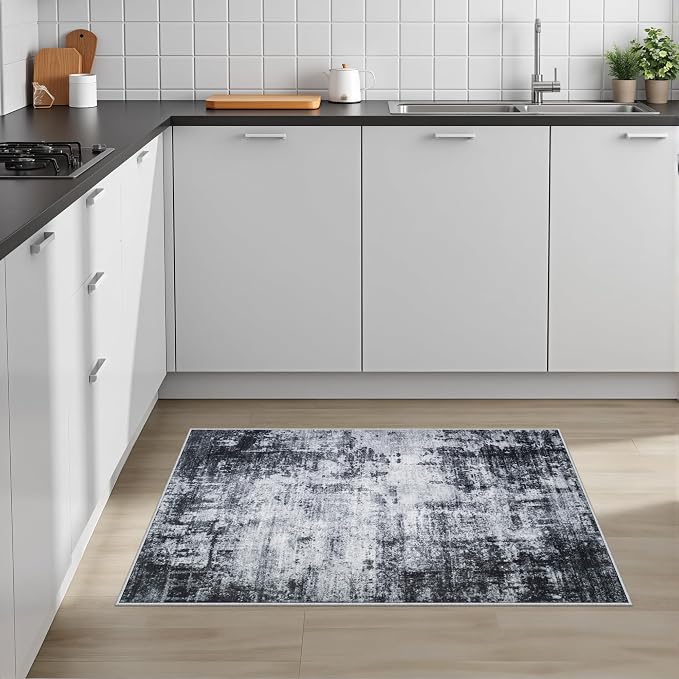 2x3 Washable Entryway Rug: Modern Abstract Soft Carpet Dark Black | - Image 4