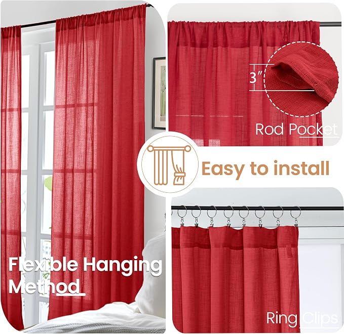 BGment Red Linen Cafe Curtains 36 Inch Length, Small Half Drapes Semi Sheer - Image 6