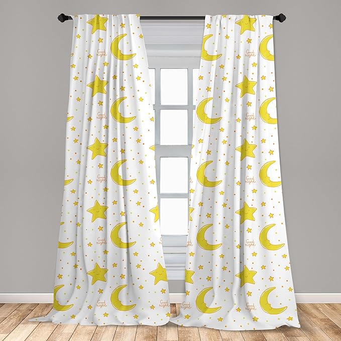 Ambesonne Yellow and White Curtains, Sleeping Crescent Moon and Stars Pattern Night Time Cartoon Illustration, Window Treatments 2 Panel Set for Living Room Bedroom, Pair of - 28" x 63", Pale Yellow
