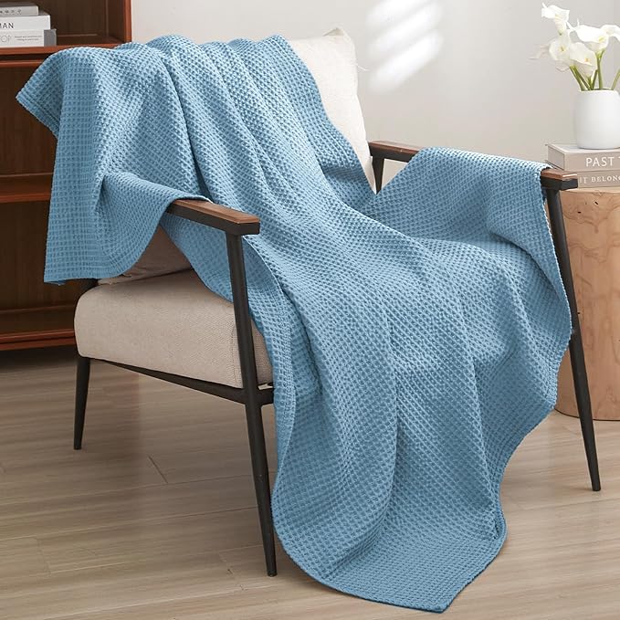 PHF Pre-Washed Cotton Waffle Weave Blanket Throw Size for Couch Bed,Snag Proof for Spring Summer Lightweight Breathable,Oeko-TEX Certified,Machine Washable, Home Decor Gift，Dusty Blue