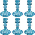 Glass Candlestick Holder,Striped Taper Candle Holders,Set of 6 Candle Stand for Table Centerpieces, Home Decor,Weddings,Festival and Parties (Bule Dimond)