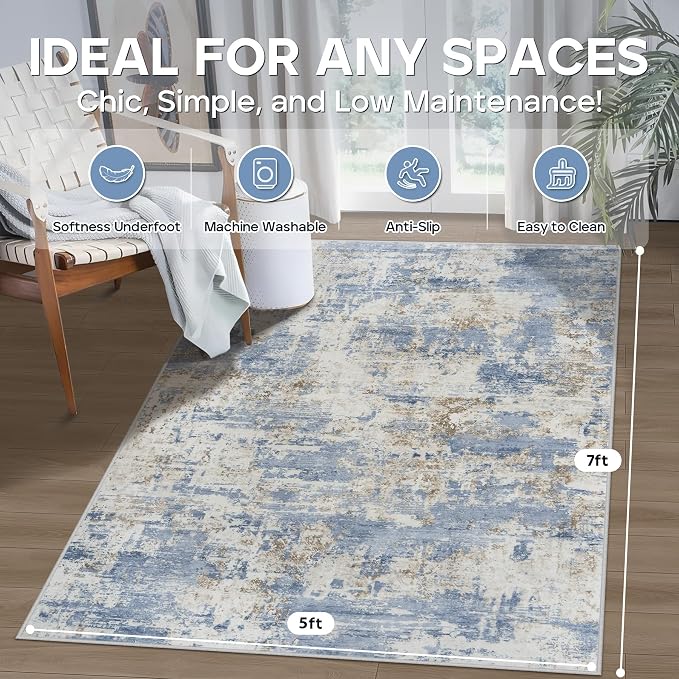 Aelenmu 5x7 Area Rugs for Living Room Bedroom Dining Room Washable Blue | Soft - Image 2