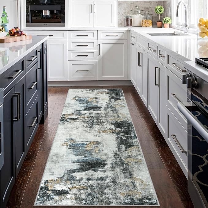 Aelenmu Runner Rugs for Hallways Kitchen 2.6x8 Non Slip Washable Black Gold | - Image 3