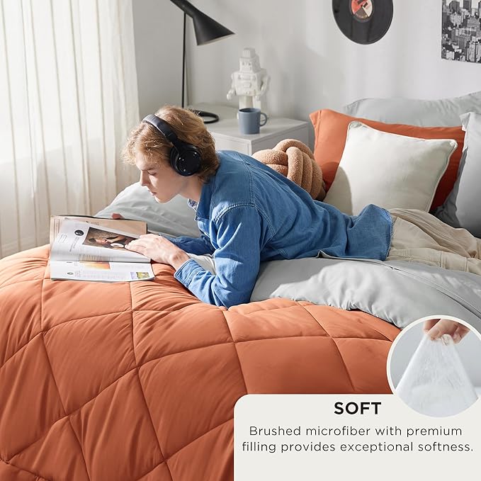 Bedsure Twin Comforter Set - 5 Pieces Reversible Burnt Orange Bedding, Twin Size Bed Set for All Seasons, Bed in a Bag with Down Alternative Comforter, Sheets, Pillowcase & Sham