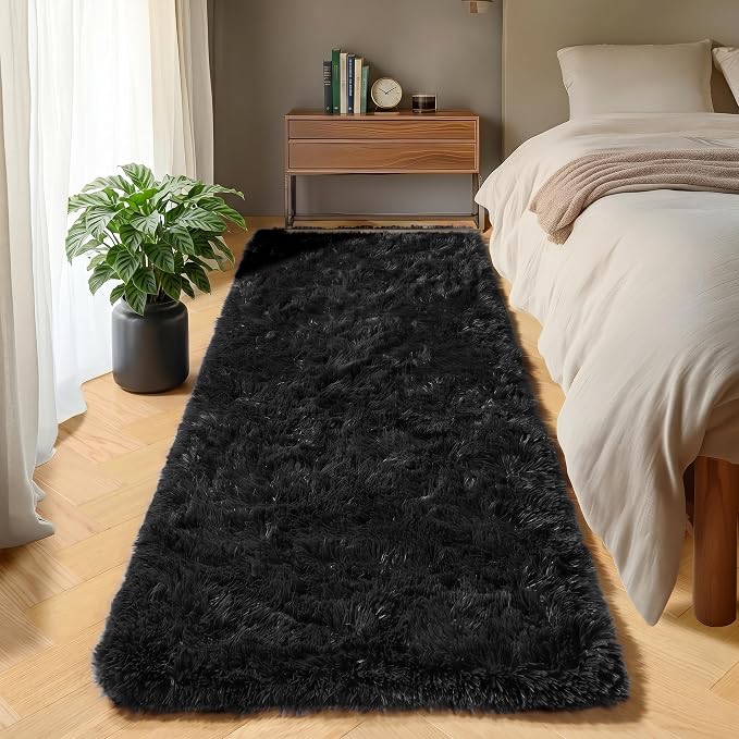 Black Runner Rugs for Bedroom Hallway, Fluffy 2x6 Bedside Soft Area Rug | by ONASAR