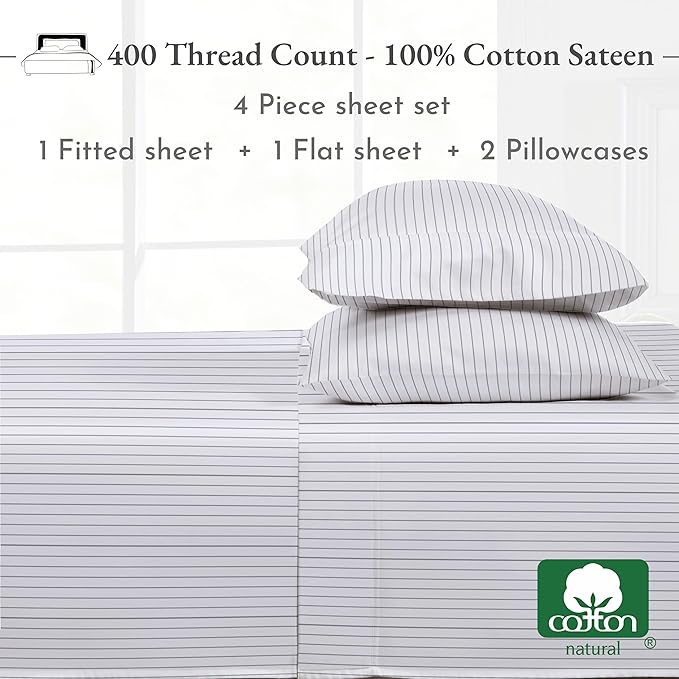 California Design Den Printed King Size Sheets Set - Luxury 400 Thread Count Sateen, Natural 100% Cotton Sheets Set, Deep Pockets, Cooling and Durable Bedding - Pinstriped
