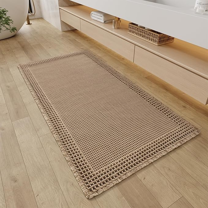 RESARE Waffle Bathroom Runner Rugs, Non Slip Boho Bath Mat 24"x48" Brown | Long by Resare
