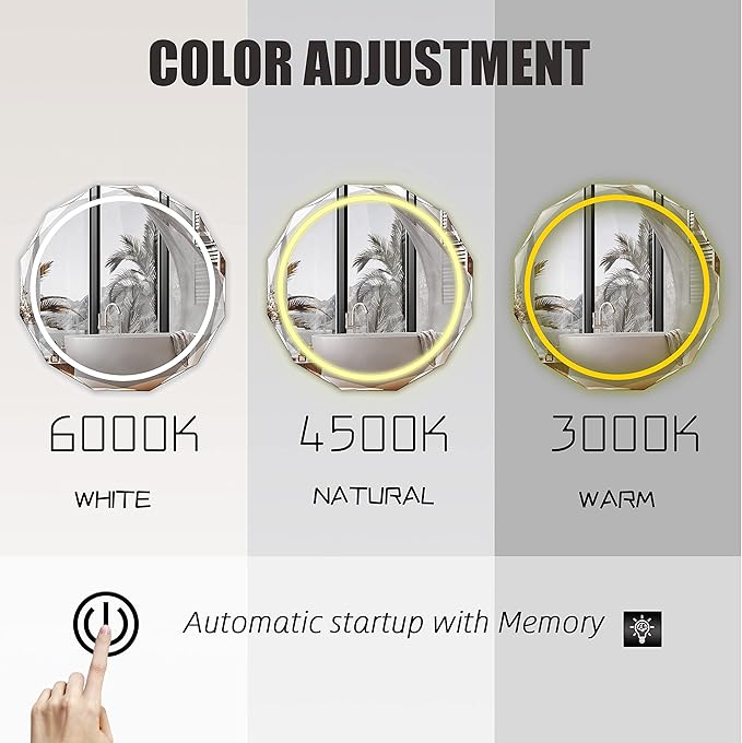 Round LED Bathroom Mirror, Beveled Edge Frameless Wall Mount Bathroom Vanity Mirror with 3-Color and Anti-Fog, 24 Inch, Silver