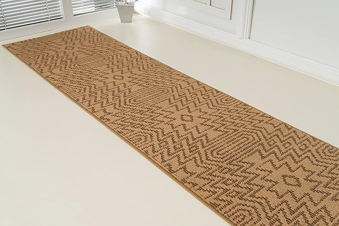 Custom Length Cut to Size Tribal Ethnic Southwestern Inspired Hallway Runner Rug, Non Slip Rubber Backed, 31 inch Wide X Customized Length, Inca Tan, 31 inch X 6 feet