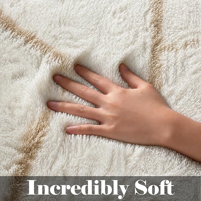 Area Rugs for Living Room, 7x10 Fluffy White and Beige Modern Bedroom Rug | - Image 2
