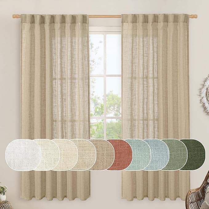 Linen Semi Sheer Curtains for Bedroom 72 Inch Length 2 Panels | Faux Linen by LAMIT