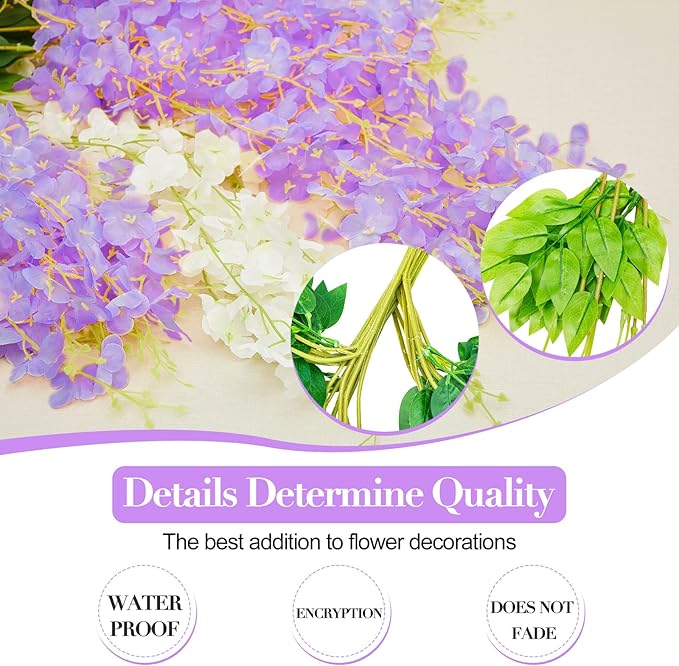 Giegxin 24 Pcs Artificial Wisteria Hanging Flowers 3.6 ft Artificial Fake Wisteria Vine Rattan Hanging Garland Silk Flowers String for Wall Home Wedding Party Greenery Decorations (Purple,White)