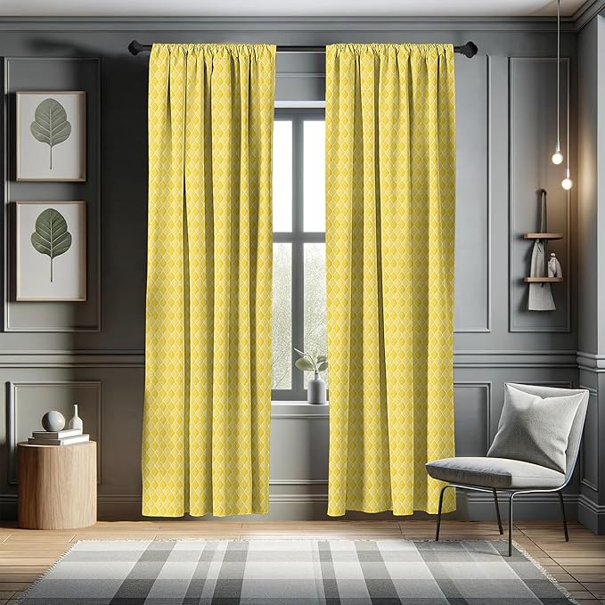 Ambesonne Yellow Window Curtains, Moroccan Trellis Pattern in Yellow Tones Vintage Eastern Pattern, Lightweight Decor 2-Panel Set with Rod Pocket, Pair of - 28" x 63", Mustard Yellow