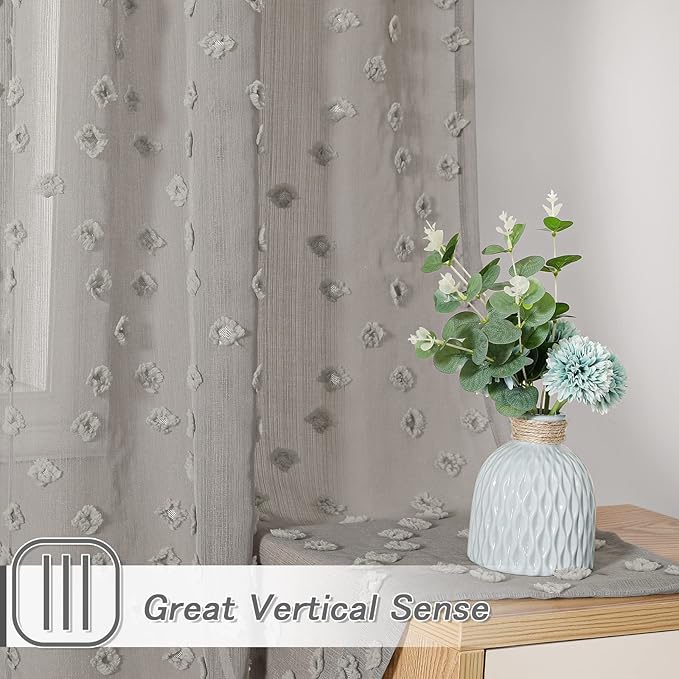 MYSKY HOME Pom Pom Grey Sheer Curtains for Bedroom Girls Room Curtains 108 Inches Long for Nursery Kids Light Filtering Boho Window Drapes, Rod Pocket, 38" Wide, 2 Panels