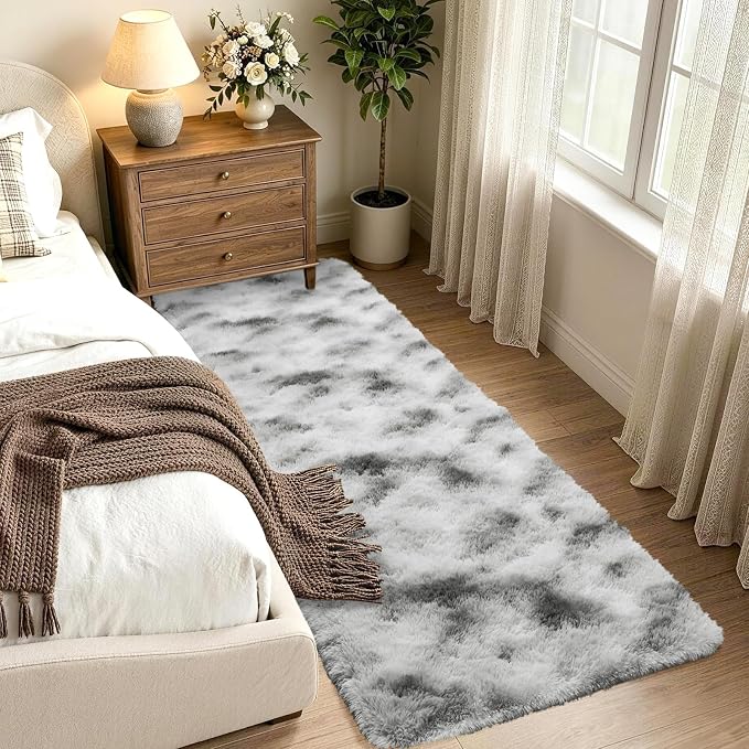 2x6 Tie-Dyed Grey and White Fluffy Runner Rug Non-Slip - Image 2