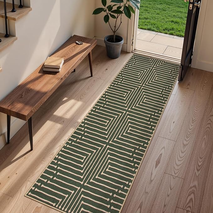 Lahome Maze Line Green Kitchen Runner Rug, 2x8 Outdoor Easy Jute Runner Rug | - Image 8